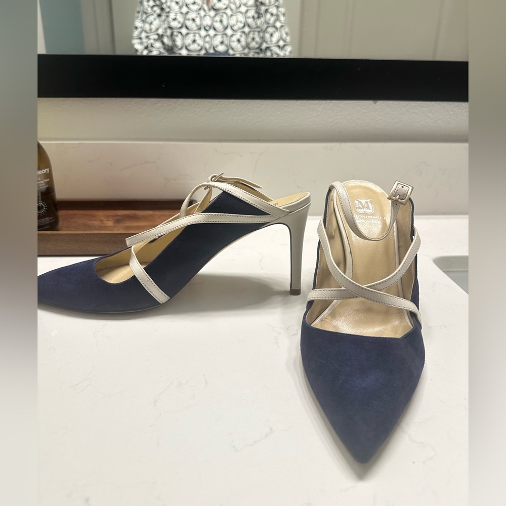 Bruno Magli Navy Suede Leather Mules with a Slingback strap Size 38.5